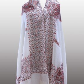 .White Color Pure Tusha (Semi Pashmina) Kashmiri Sozni Hand-Embroidery Shawl Enriched With Beautiful Four Side Designer Pattern