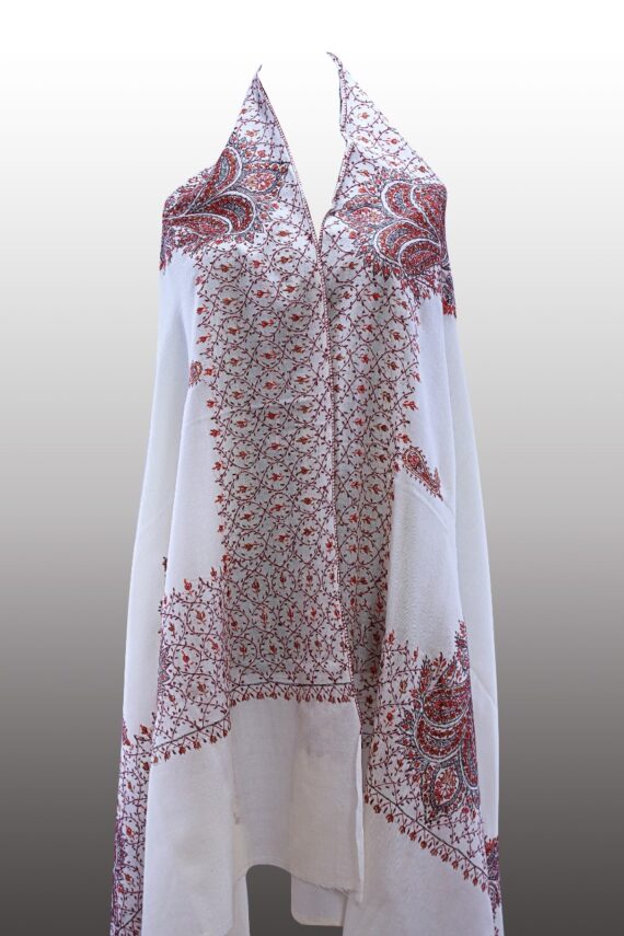 .White Color Pure Tusha (Semi Pashmina) Kashmiri Sozni Hand-Embroidery Shawl Enriched With Beautiful Four Side Designer Pattern