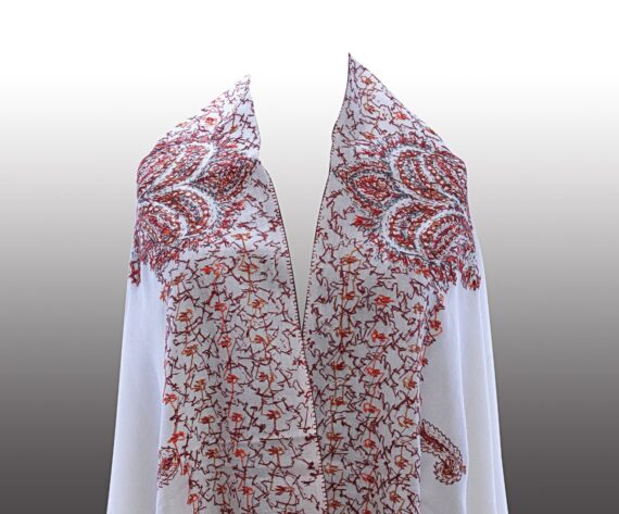 .White Color Pure Tusha (Semi Pashmina) Kashmiri Sozni Hand-Embroidery Shawl Enriched With Beautiful Four Side Designer Pattern - Image 2