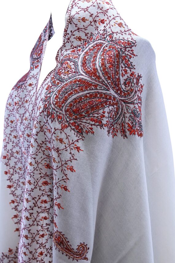 .White Color Pure Tusha (Semi Pashmina) Kashmiri Sozni Hand-Embroidery Shawl Enriched With Beautiful Four Side Designer Pattern - Image 3