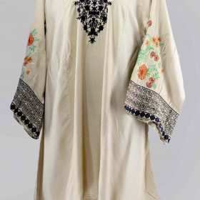 Ladies Embroidered Linen Kurti In Skin Gold