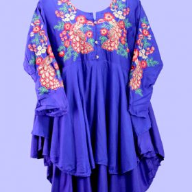 Ladies Blue Linen kurti with Embroidery on neck