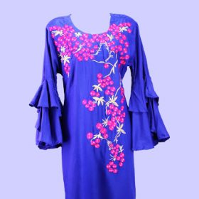Ladies Blue Linen kurti with Pink Embroidery
