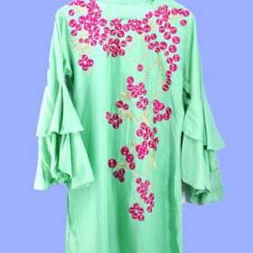 Ladies Seafoam Linen kurti with Pink Embroidery