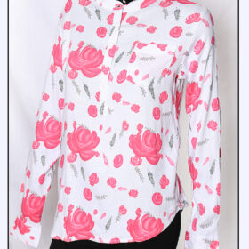 001 Quality Pink Flower Print Girls Shirt In Crew Neck