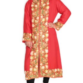 Hot Red Color kashmiri Aari Work Embroidered Long Coat/Jacket With Beautiful Border And All Over Motifs.