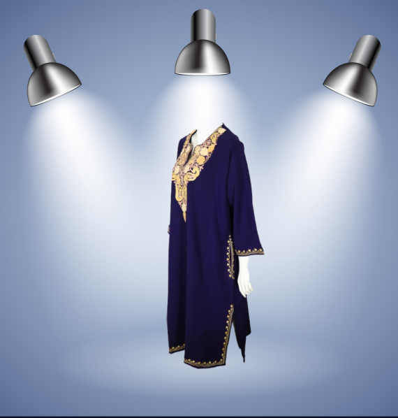Traditional Kashmiri Phiran in Ink Blue Color with Skin Embroidery Work